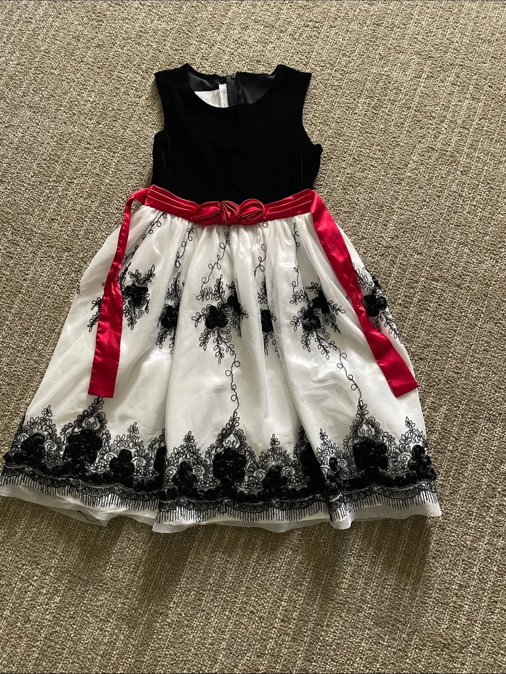 Bonnie Jean Black, White & Red Satin Sash Formal Dress